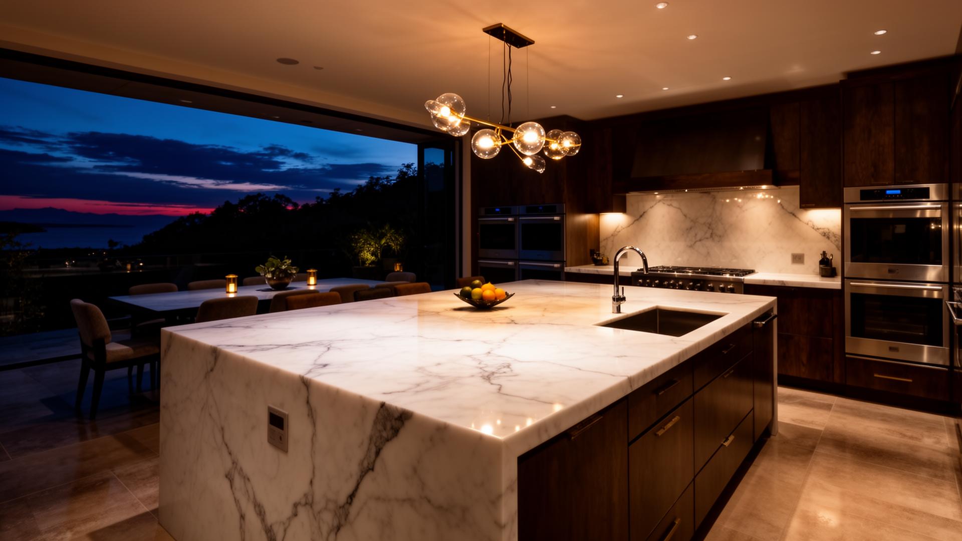Cozinha de luxo ao entardecer